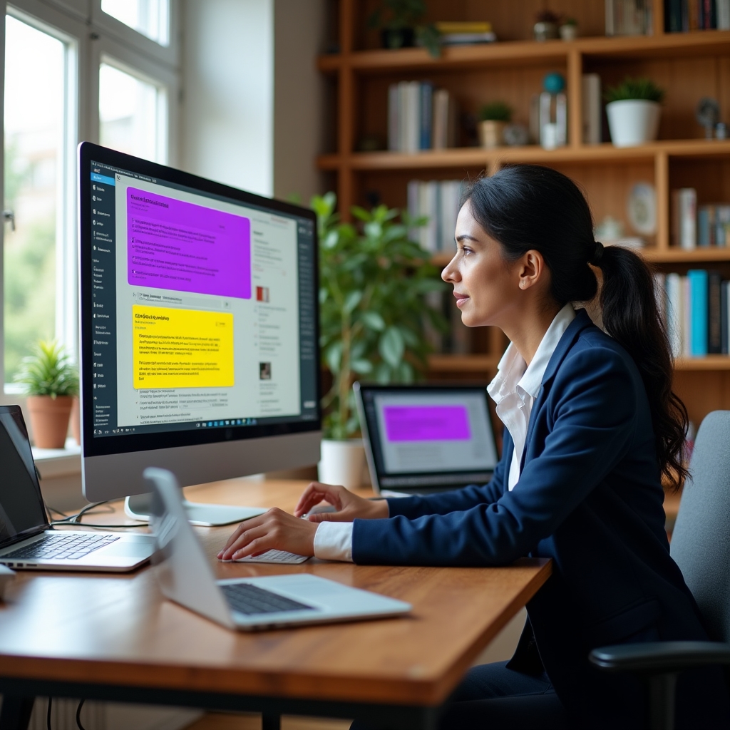 E-commerce store owner reviewing product page SEO structure on laptop